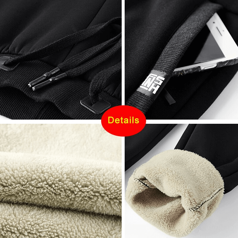 Close-up of Warm Sports Men's Joggers details: drawstring, pocket with phone, fleece lining, and cuff design - Product SF1528